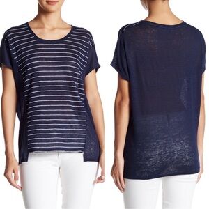 Vince Stripe Cocoon Linen Tee S Small Navy Blue Loose Fit Scoop Neck